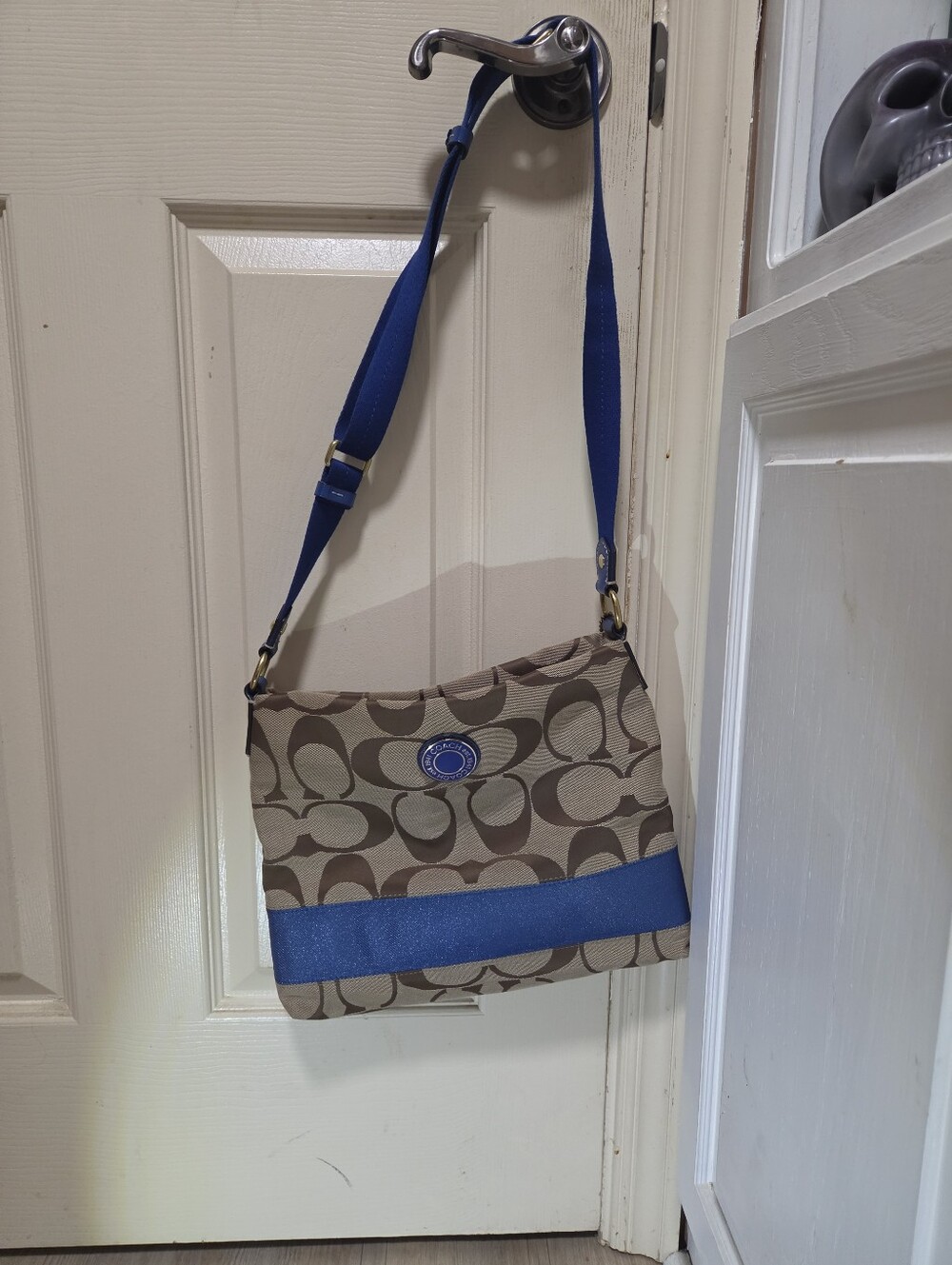 Coach Brown Signature Messenger Bag with Blue Stripe
